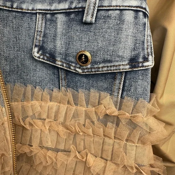 NWT Mesh Layer Bomber Jacket Denim and Tan Ruffle Jacket - Picture 6 of 13